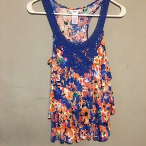 3/$10 Candie's Tank Top Womens Small Floral Lace Rayon Sleeveless Blue Racerback